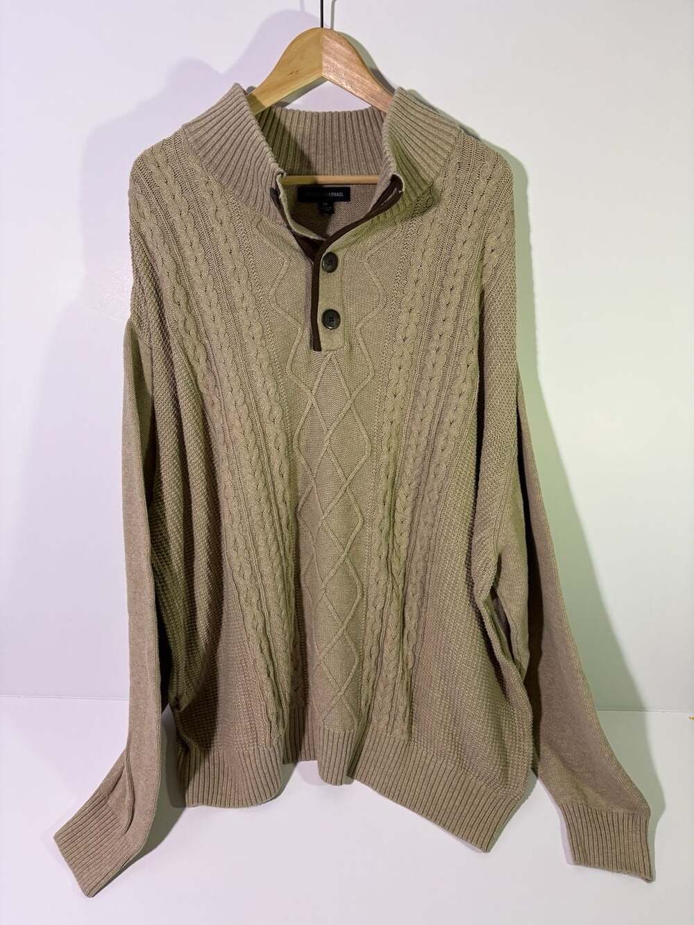 Tricots St. Raphael Sweater Size 3X Beige Cable Knit Mock Neck Button